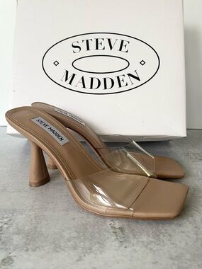 STEVE MADDEN Elated Clear Strap Open Toe Heeled Sandal, Nude 7